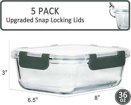 61rtxR4-nGL._AC_SX450_.jpg M MCIRCO 5Packs 36 Oz Glass Meal Prep Containers with Snap Locking Lids Glass